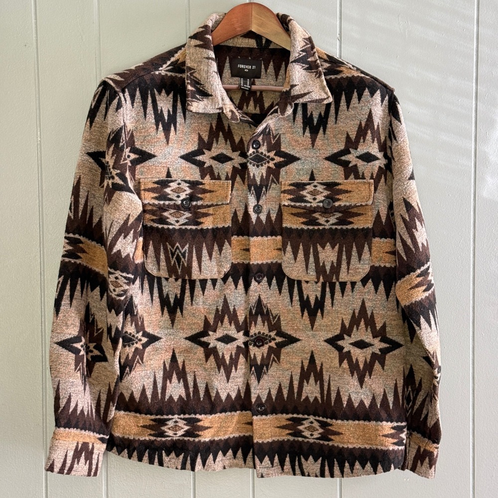 Southwestern Aztec Print Shacket‎ Overshirt Brown Tan Blanket Jacket Western M